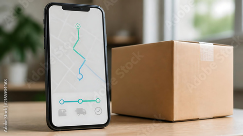 Smartphone displaying delivery tracking map next to a cardboard shipping package for e-commerce logistics