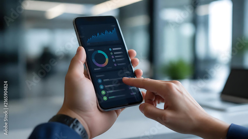 Person holding and using a smartphone with financial dashboard and mobile banking graphs in an office