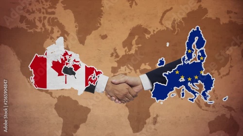 High Quality Animation Featuring Handshake of European Union and Canada