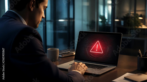 Businessman looks at laptop with red warning sign in dark office, representing a security breach