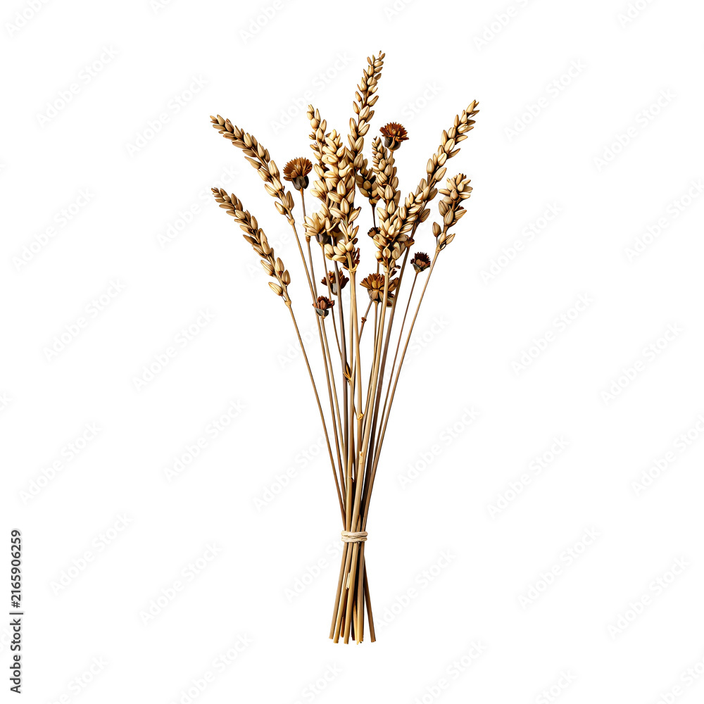 Fototapeta premium Dried wheat stalks tied together with twine on a white background