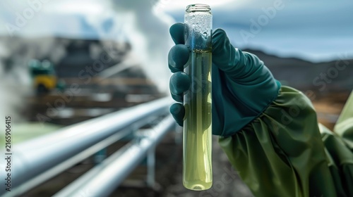 Technician in chemical protective gloves holding geothermal lithium brine sample
