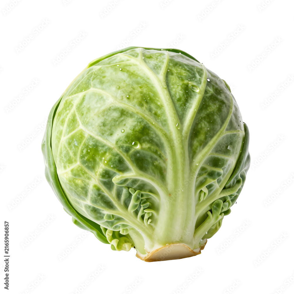 Fototapeta premium Single fresh brussels sprout with water droplets on white background