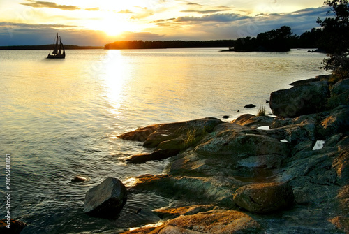 Sunset in Lake Malaren archipelago in Sweden