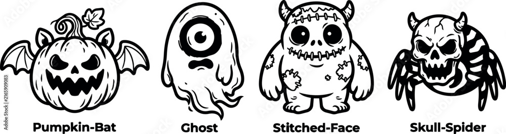 Fototapeta premium Cute spooky halloween character collection with pumpkin ghost monster and skull spider line art