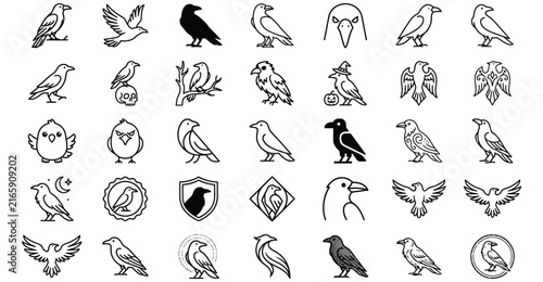 Halloween bird silhouettes and spooky flying creatures vector icon set for decorations and designs