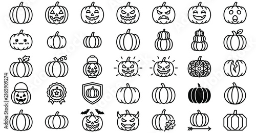 Halloween pumpkin faces vector set with spooky carved expressions and jack-o-lantern designs for festive decor