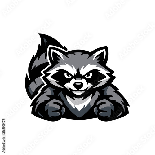 A fierce raccoon mascot illustration in modern sports team style. The raccoon faces forward with a determined expression, sharp confident eyes, and a fluffy striped tail visible behind. Designed with 