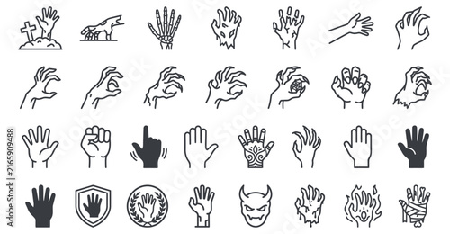 Halloween hand gestures and spooky signs vector icon set for party invitations and decorations