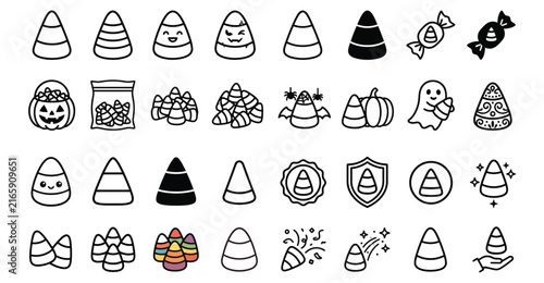 Halloween cartoon icons set with spooky monsters, ghosts, and pumpkins in black line art style