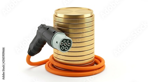 Electric vehicle charging cable with a stack of gold coins representing green energy investment