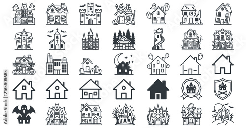 Halloween vector icon set with spooky houses, ghosts, bats, pumpkins, and graveyard elements in black line art