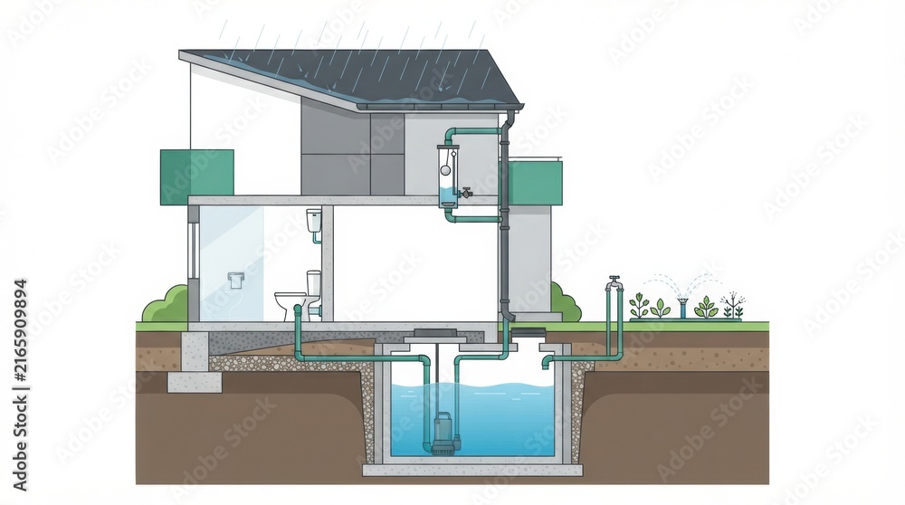 Fototapeta premium The layout of a septic tank and rainwater harvesting system for wastewater management in a house.