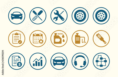 Vehicle maintenance and automotive repair icon collection in circular badges featuring engine service, tire inspection, brake repair, diagnostics, car care, and professional garage solutions