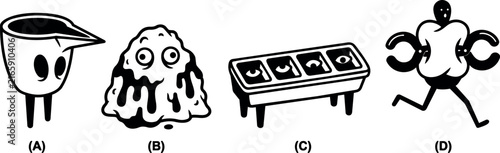 Creepy cute monster characters with melting ghost foosball table and running oddball figures in black and white line art
