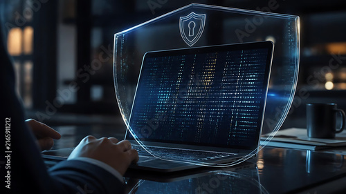 Digital security shield protecting laptop with encrypted data in a professional workspace