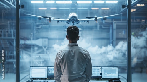 Aerospace engineer testing advanced drone design inside an industrial wind tunnel
