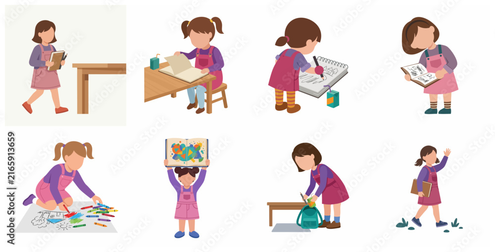 Fototapeta premium Vector illustration set of a young girl in various school-related poses, including reading, drawing, and carrying a backpack, ideal for education and childhood themes.