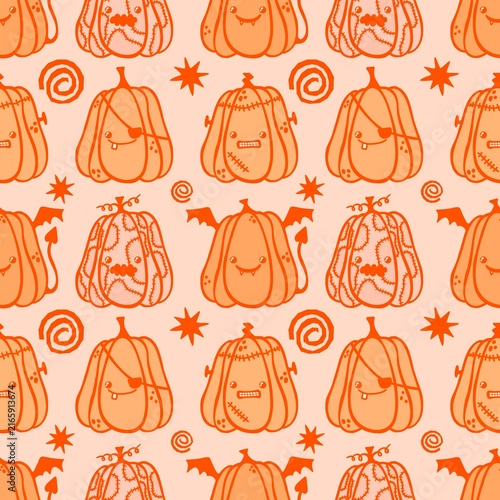 Autumn harvest vegetable seamless monster Halloween pumpkins pattern for wrapping paper and fabrics