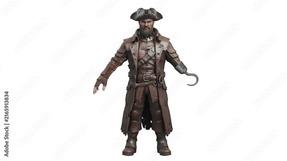 Obraz premium 3d rendering pirate figure in detailed clothing with hook hand