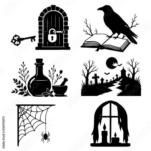 Set of spooky Halloween and witchcraft black silhouette icons: locked door, key, raven on book, potions, graveyard, spider web, candlelight window - design for festive party decorations. JPEG version.