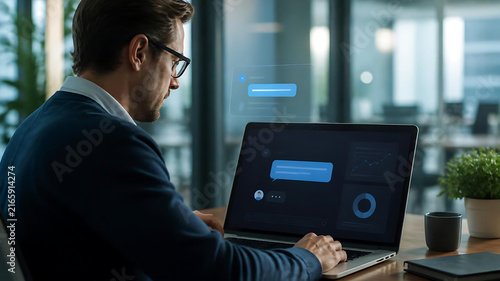 Business professional using AI assistant interface on a laptop with data insights in modern office