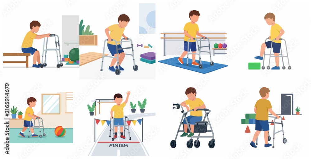 Fototapeta premium Collection of flat vector illustrations of a boy with disability using a walker for physical therapy, rehabilitation, and daily activities to improve mobility and strength.
