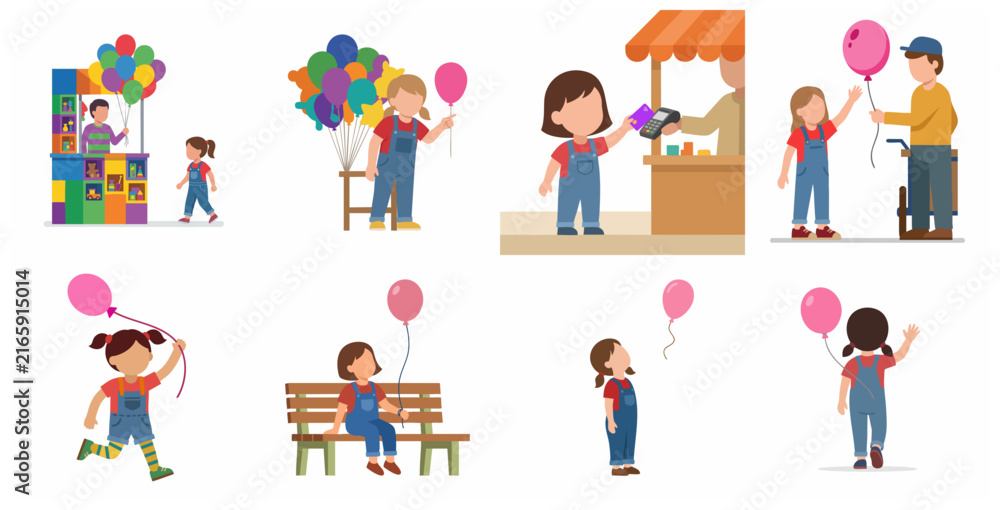 Fototapeta premium Set of vector illustrations of a little girl buying and playing with colorful balloons at an amusement park