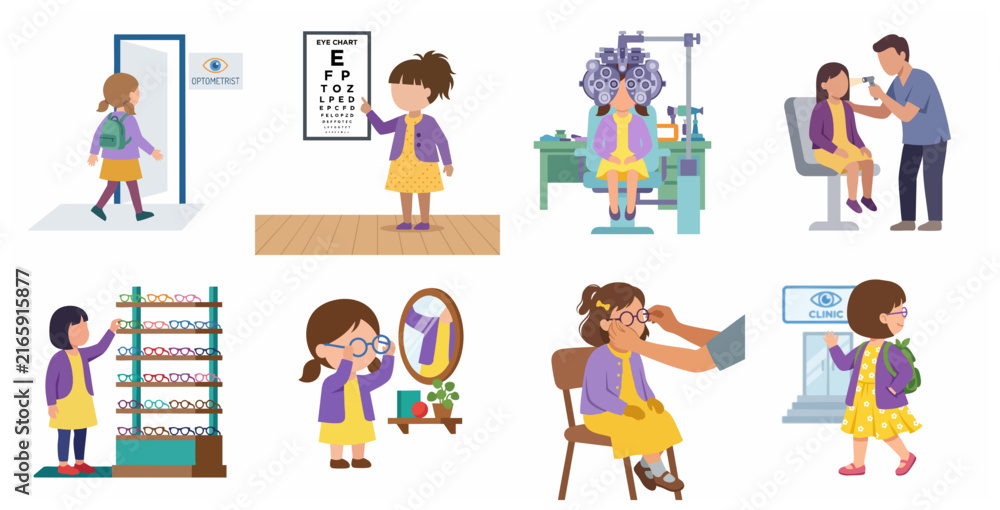 Fototapeta premium Pediatric eye exam and vision care concept illustration set featuring a young girl visiting an optometrist, testing sight, and choosing new eyeglasses.