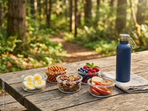 A rustic wooden picnic table outdoors in a forest setup with protein-packed snacks ready to eat