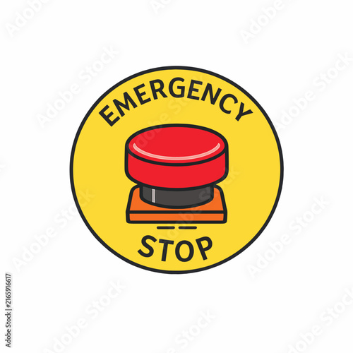 Emergency Stop Button Icon, Red Button on Yellow Background