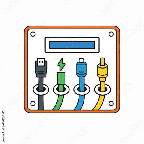 Network panel with ethernet and audio ports, flat design vector illustration