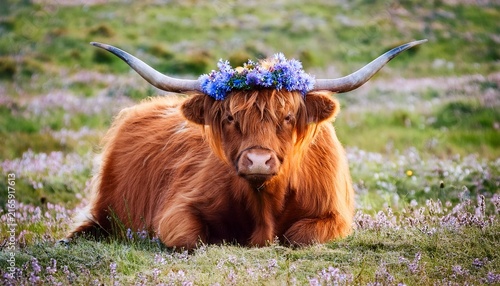 cute brown cow cattle heifer bull highland longhorn with horns and a flowery crown in spring in a field
