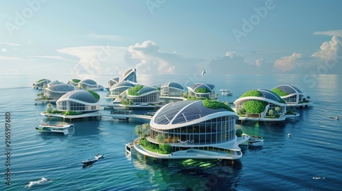 Sustainable floating modular ocean city with eco friendly green architecture
