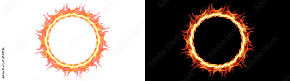 Fototapeta premium Circular fire frame made of burning pepper flames, burning effect cutout with real transparency