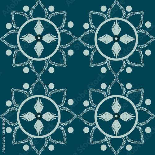 Classic mandala floral tile seamless pattern on dark teal background, oriental vector art