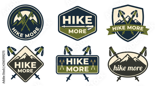 This image features a collection of inspiring hiking badges and emblems, ideal for outdoor enthusiasts seeking motivation to explore nature and enjoy hiking adventures.