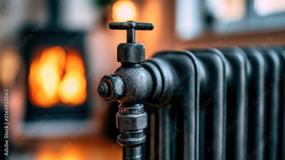 Fototapeta premium Cast iron radiator valve beside fireplace, closeup showing patina texture and glowing embers, warm amber bokeh, vintage interior atmosphere, heating detail evoking hygge comfort and winter coziness