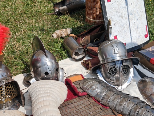 Konstfotografi Close view of replica medieval helmets and body armor