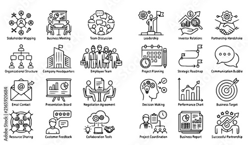 Stakeholder Business Process Linear Icon Collection for Management Strategy Partnership and Team Communication