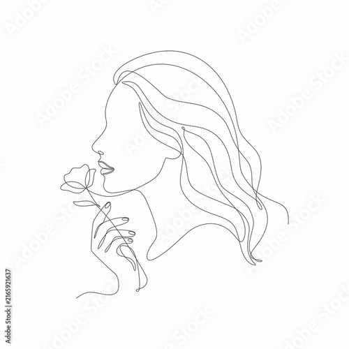 Continuous line art drawing of beautiful woman face profile smelling a rose flower. Minimalist female line art portrait for wall decor, beauty logo, or aesthetic print.