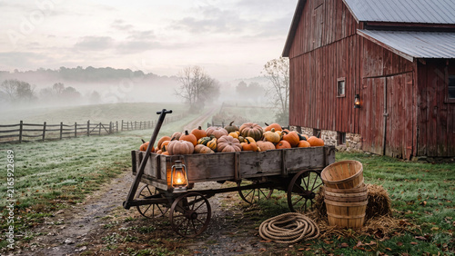 Rustic wooden cart full of pumpkin harvest parked near an old red barn door