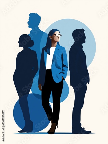 Corporate silhouettes of a businesswoman and executives on a clean white background for hiring, leadership, and workplace diversity concepts.