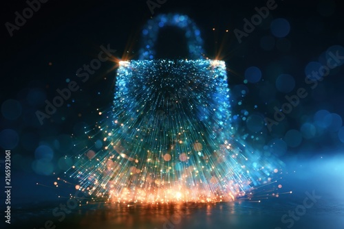 Shopping bag made of glowing fiber optic light particles on a dark background with blue and orange spark effects for Cyber Monday retail concepts.