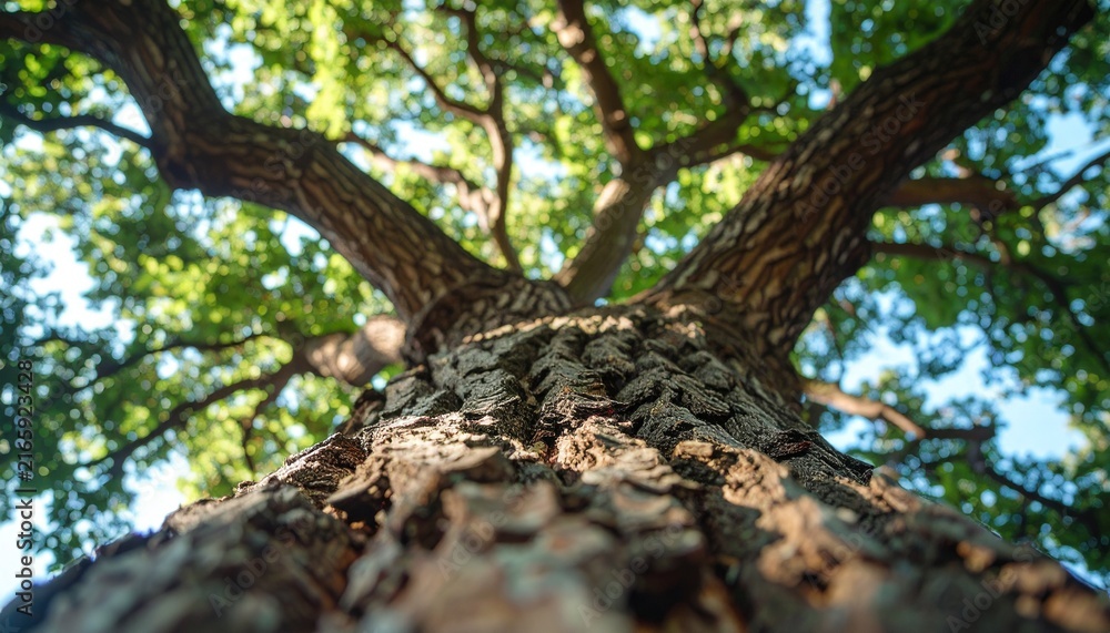 Fototapeta premium A majestic old tree photographed from a low angle, close-up view of the trunk, branches and dense green leaves, detailed natural textures, soft sunlight filtering through the foliage, peaceful natural