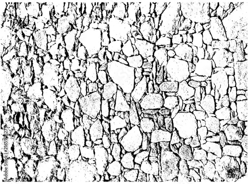 Detailed stone wall texture with irregular rocks, rough mortar lines and gritty distressed marks. Monochrome vector backdrop or overlay with an authentic rustic surface for architectural and vintage