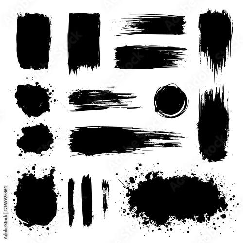 Paint brush strokes. Black vector rough edge rectangles. Grunge square frames set. Jagged edge torn paper background collection. Grungy distressed text boxes. Transparent background PNG version.