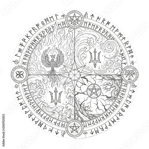 Принти на полотні Intricate mystical occult circle illustration featuring ancient runes esoteric s