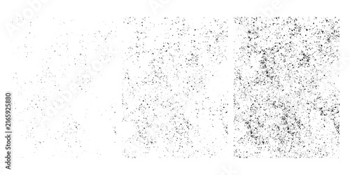 Set of three monochrome vector speckle textures with varying density and gritty distressed surfaces. Abstract composition and backdrop elements for vintage, weathered and print-inspired graphic