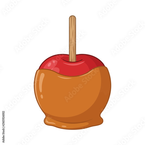 Caramel apple illustration with glossy coating and wooden stick on transparent background